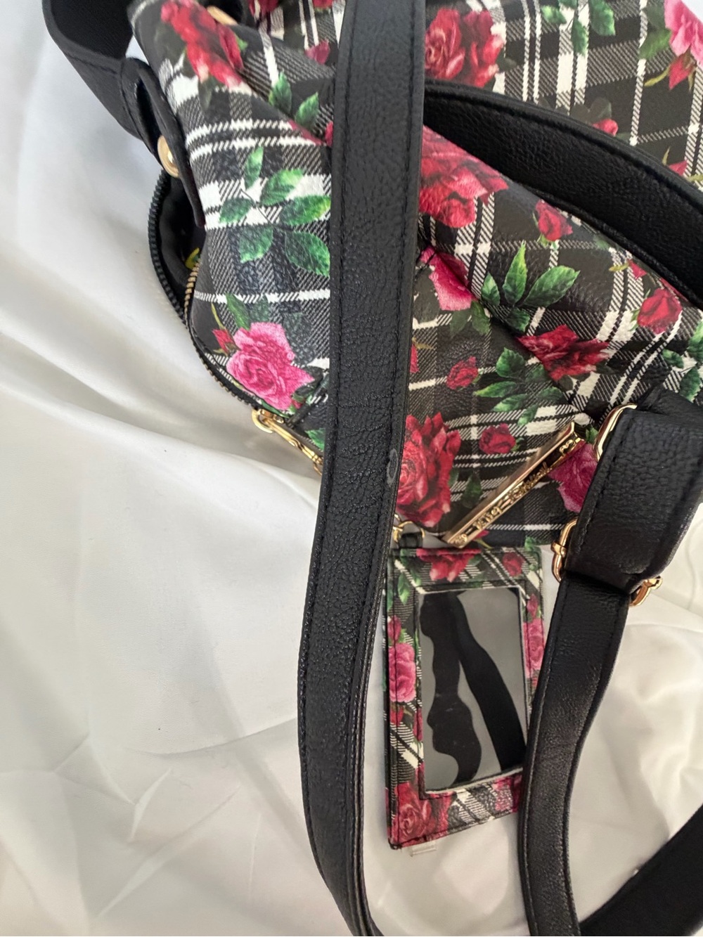 Betsey Johnson Black Plaid Floral Cat Mini Backpack - Picture 8 of 14